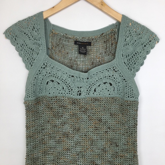 BCBGMaxAzaria Crochet Tunic Dress Mini Dress Green Knit Cap Sleeves - Picture 4 of 8